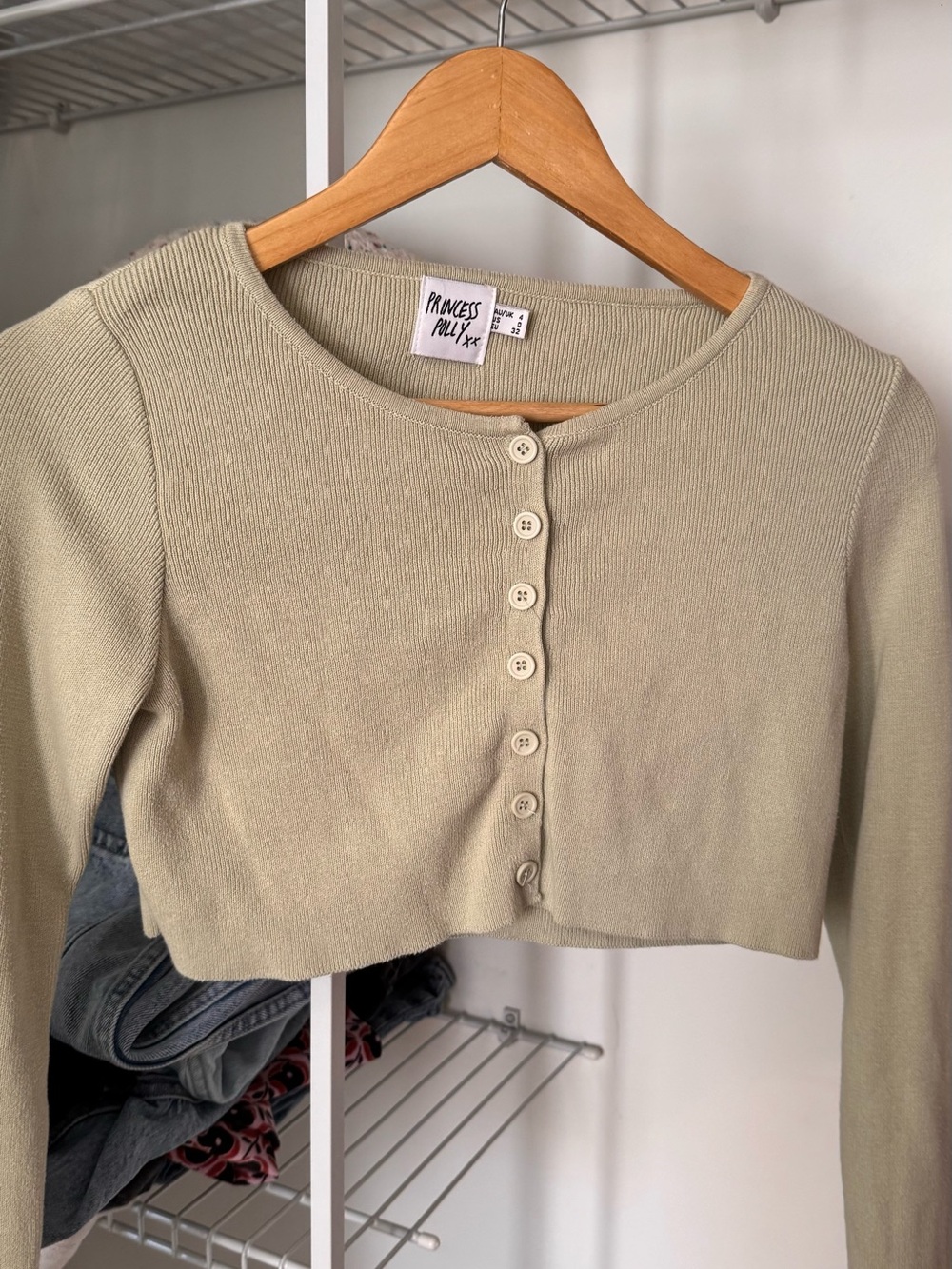 Princess Polly Sage Ribbed Cropped Button Cardigan